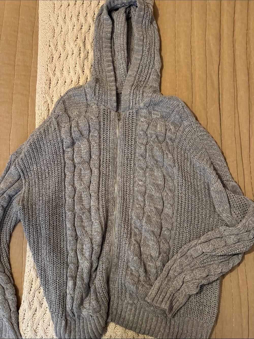 NWOT Gray Cable-Knit Hooded Zip Sweater